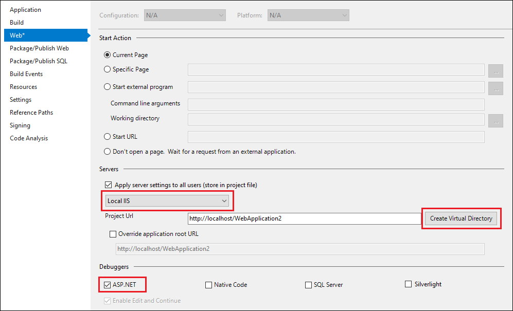 Screenshot that shows ASP.NET debugger settings.