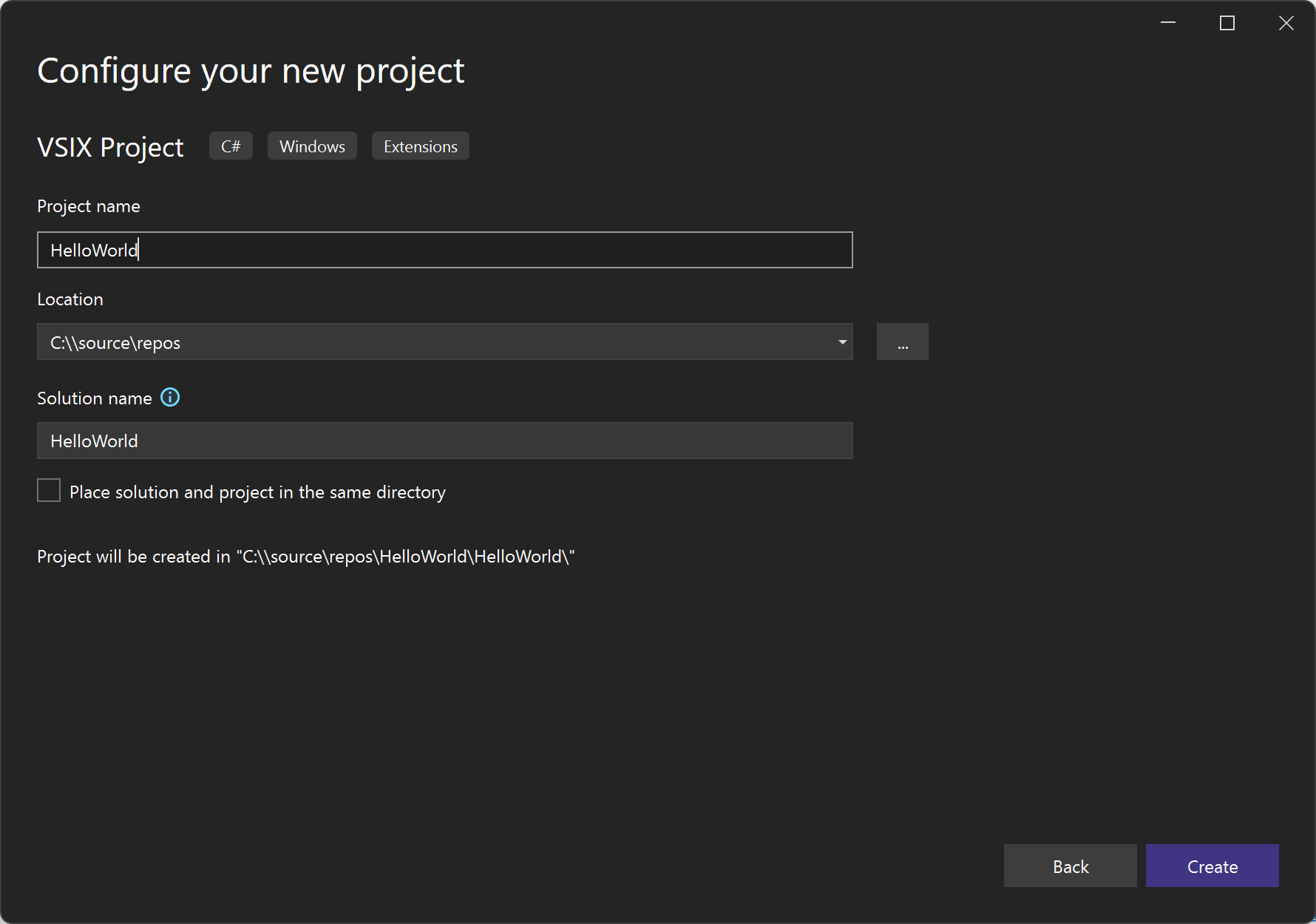 Screenshot showing creating a new VSIX project.