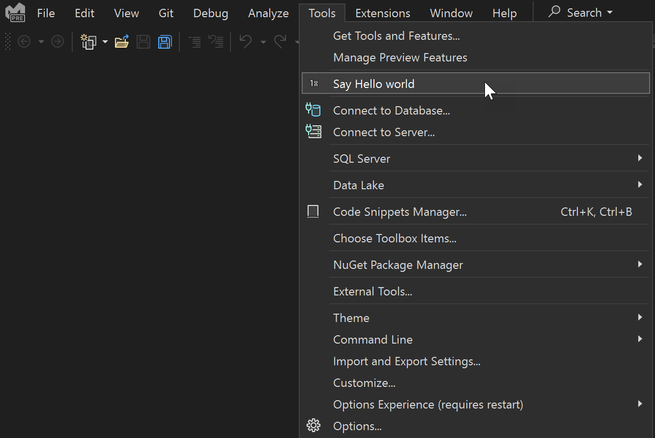 Screenshot showing a custom menu command.