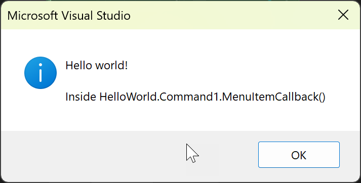Screenshot showing that the custom command displays a message box.
