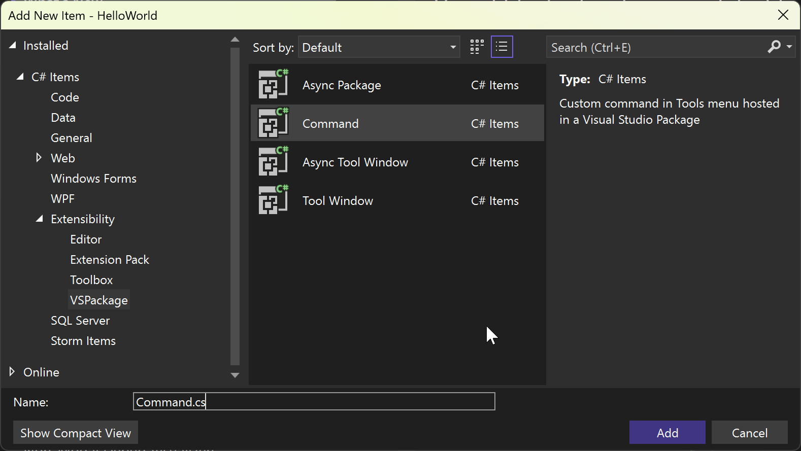 Screenshot showing creating a custom command.