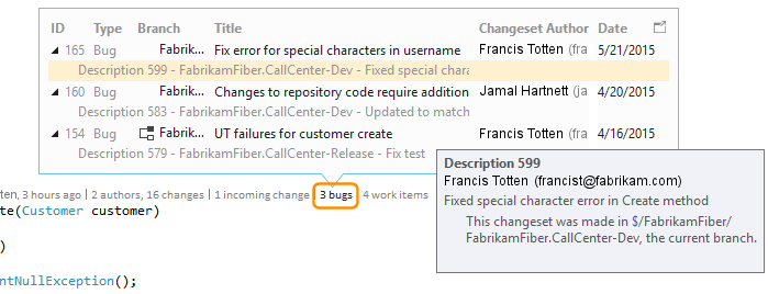 CodeLens - Find bugs linked to changesets