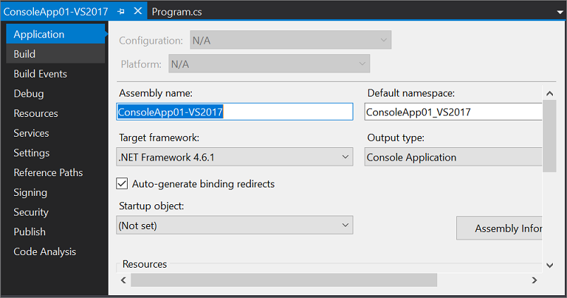 Screenshot of the Project Designer in Visual Studio 2017.