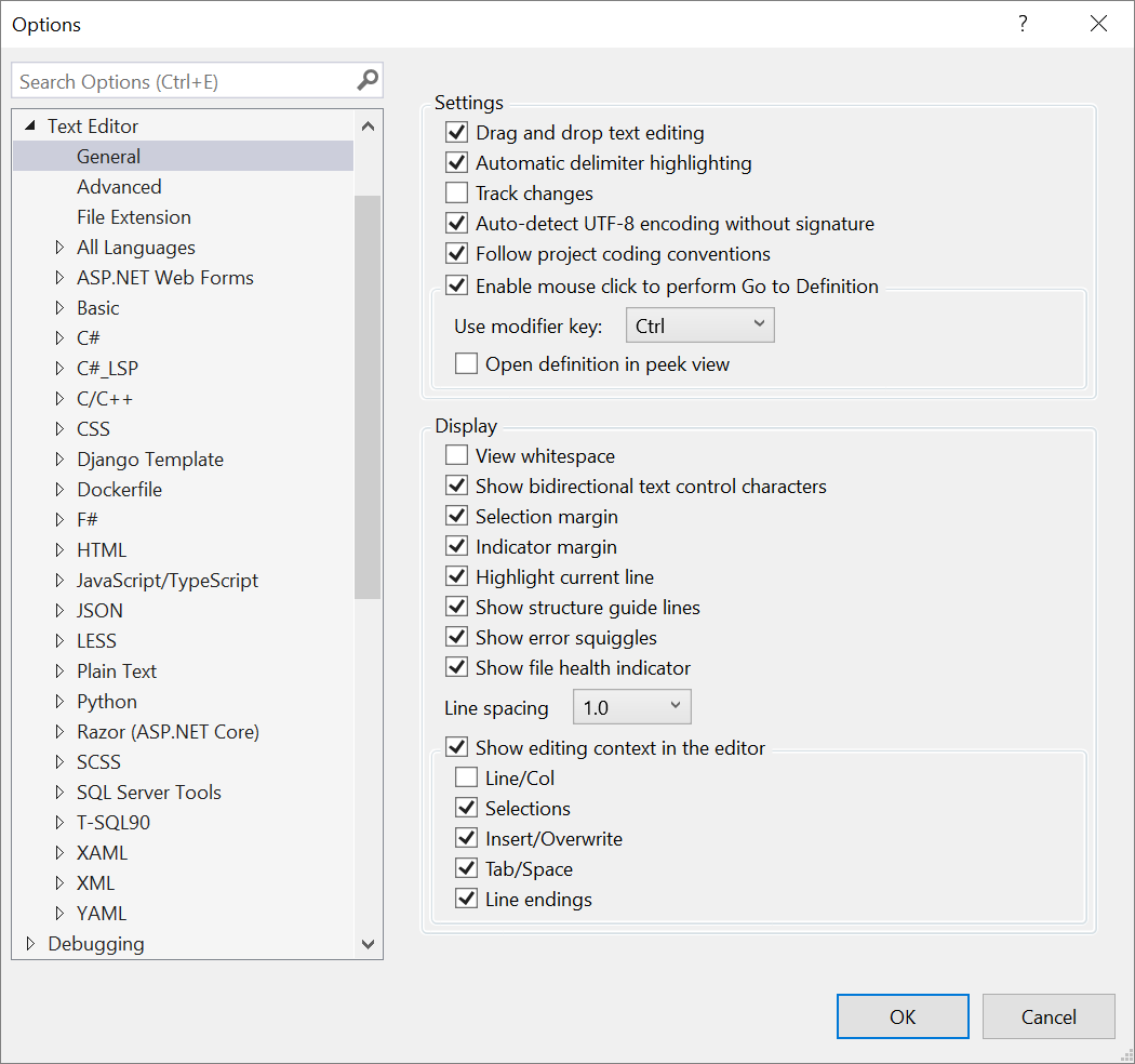 Screenshot of the text editor's general settings in the Options dialog box.