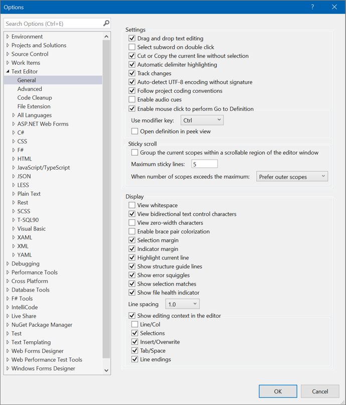 Screenshot of the text editor's general settings in the Options dialog box.