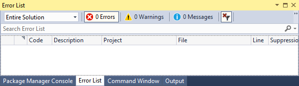 Screenshot of Error List in Visual Studio.