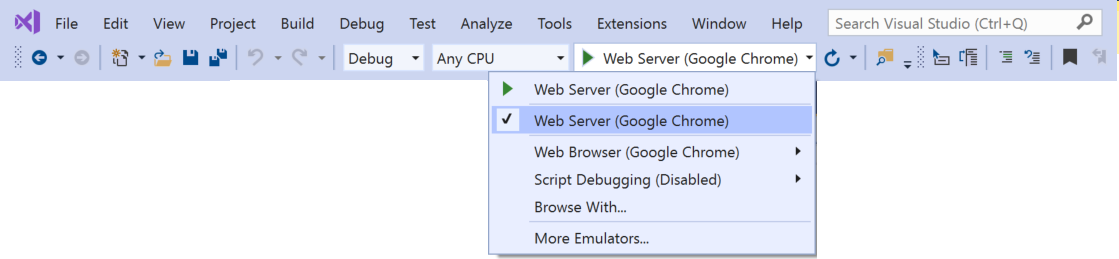 Screenshot that shows selecting Chrome as the debug target.