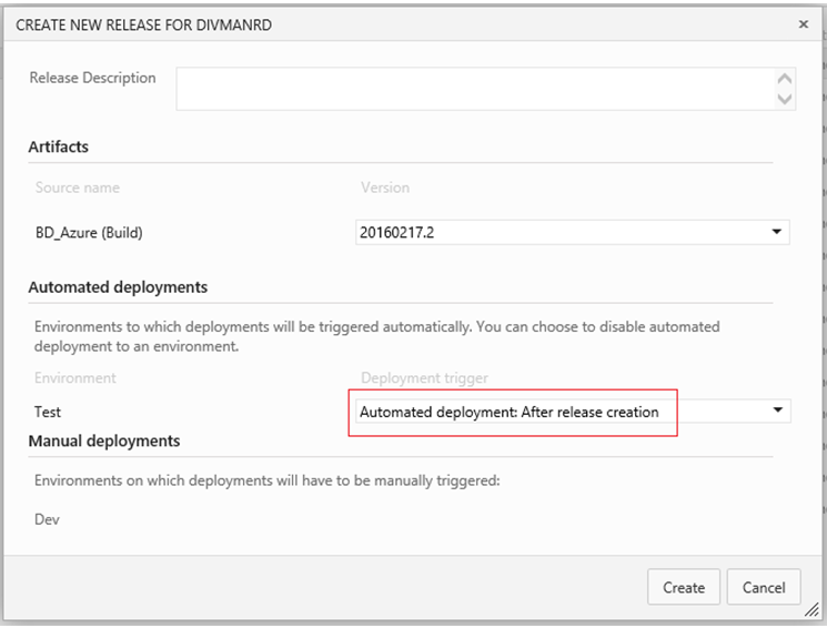 Create new release dialog has option for triggering deployments after release creation