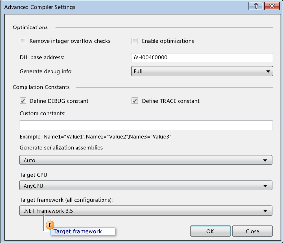 Screenshot of the Advanced Compiler Settings dialog. The Target framework drop-down list is highlighted and the value is set to '.NET Frameowrk 3.5'.