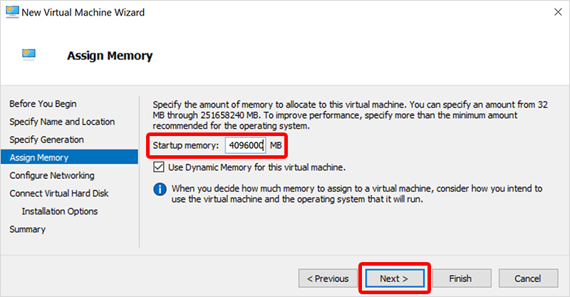 Screenshot of Hyper-V assign memory