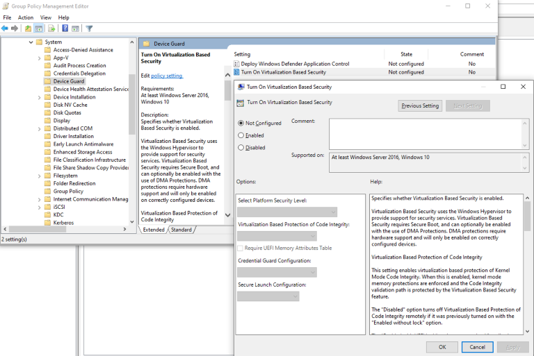 Image of the group policy editor screen called Turn off virtualization based security