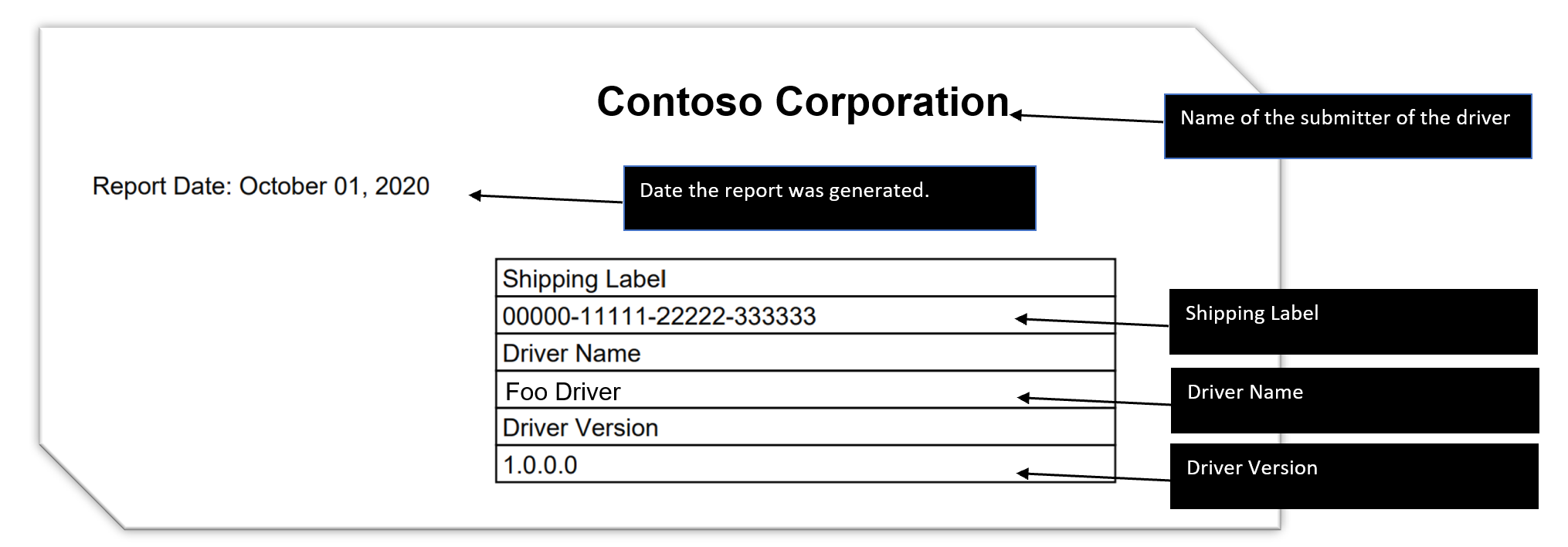 Screenshot of the Title section that includes the submitter company name, report date, shipping label, driver namem, and driver version.