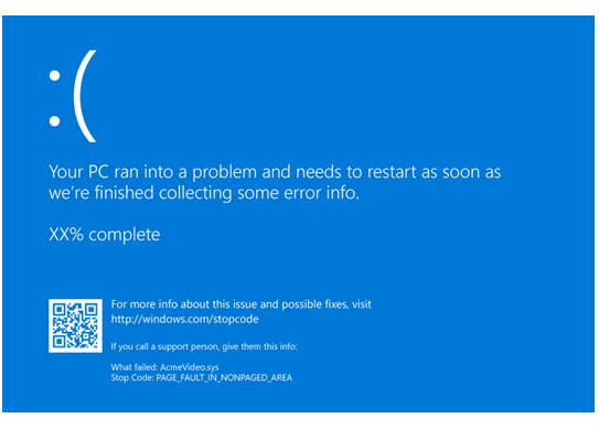 Screenshot of a Windows 10 blue screen displaying a bug check with a QR code.