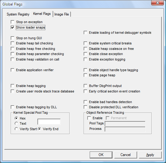 Screenshot of the Kernel Flags tab in Windows Vista.