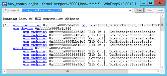 Screenshot of the !ucx-controller-list command output displaying USB 3.0 host controllers, connected devices, and endpoints.