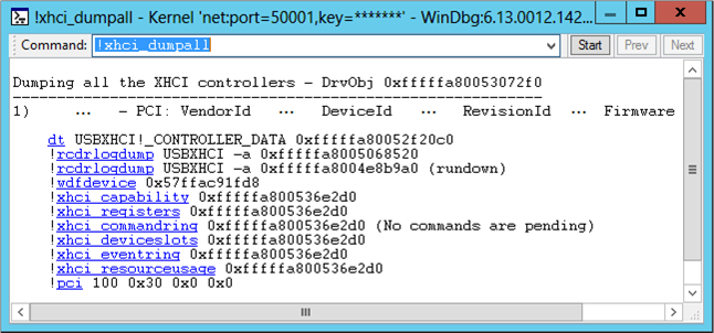Screenshot of the !xhci-dumpall command output displaying XHCI controller information.