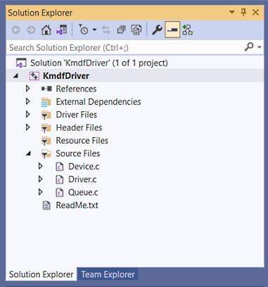 Screen shot of solution explorer showing the files in the driver project.