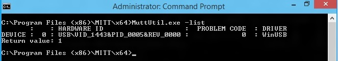 Screenshot that shows the "MuttUtil.exe -list" command run in "Administrator: Command Prompt".