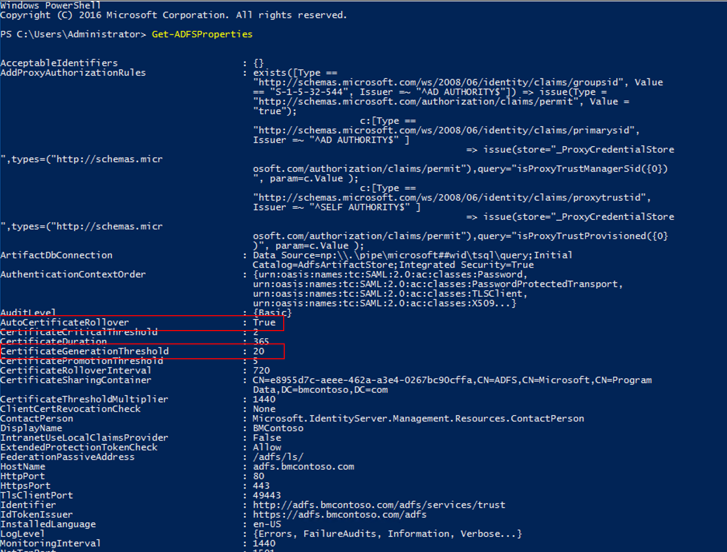 Screenshot of the PowerShell window, highlighting the AutoCertificateRollover and CertificateGenerationThreshold values.