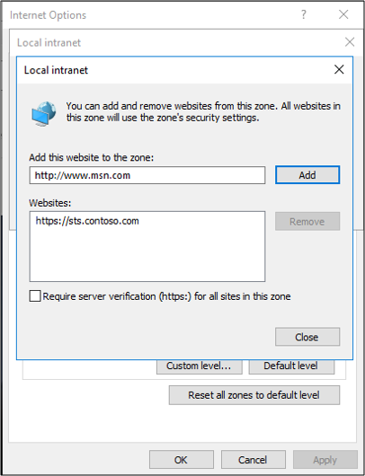 Screenshot of the Local intranet window in front of the Internet Options dialog box.