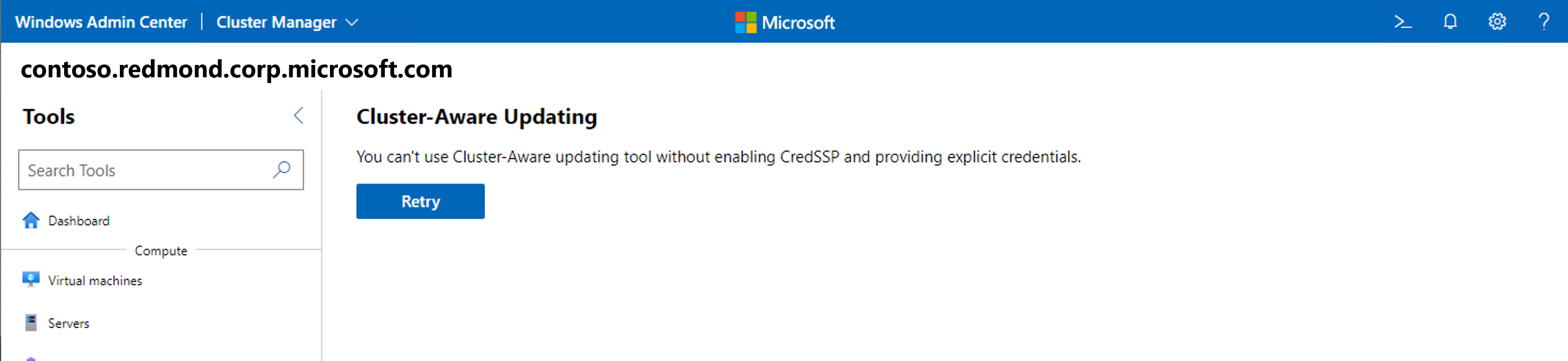 Screenshot of Updates tool using Cluster-Aware Updating with Cred S S P error in Windows Admin Center.