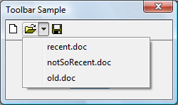 screen shot of a dialog box with three toolbar items represented by icons; one has an expanded drop-down arrow and a three-item context menu