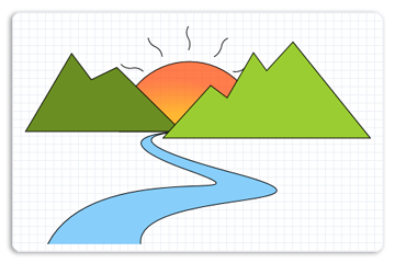 illustration of a river, mountains, and the sun, by using path geometries