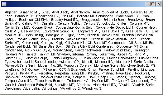 screen shot of a window containing a comma-separated list of installed font families