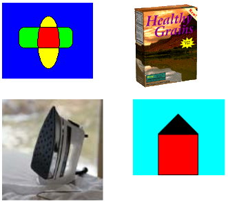illustration showing a geometric shape, a color photo, monochrome photo, and a different geometric shape