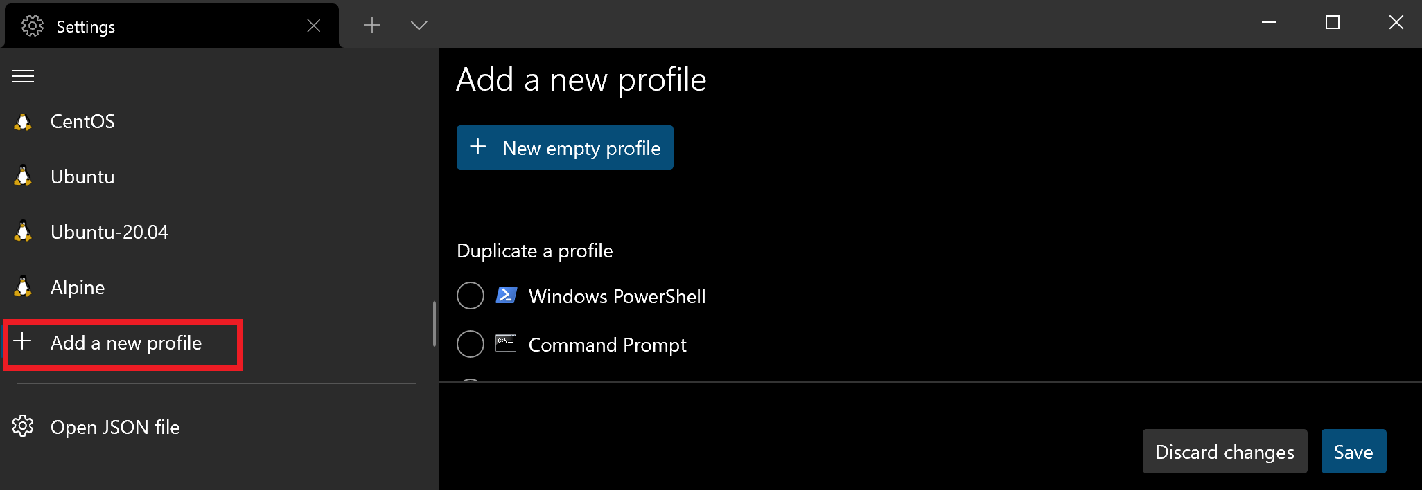 Screenshot of settings add a profile
