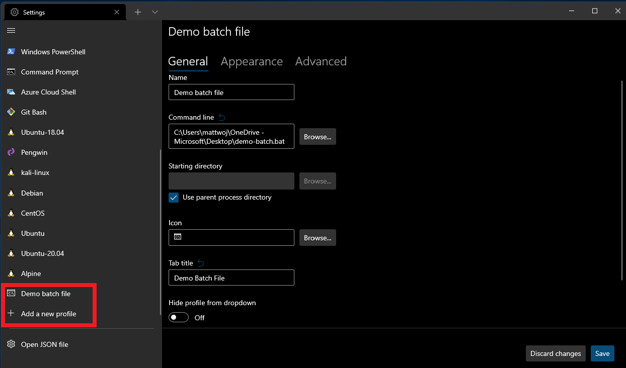 Screenshot of settings add an batch file profile