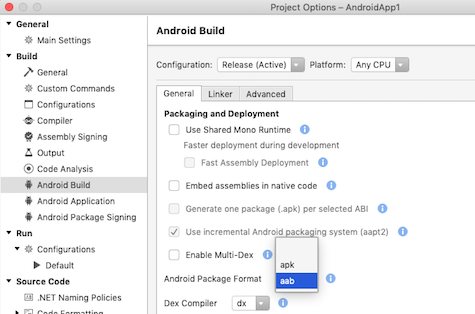 Visual Studio for Mac project property pages with aab Android Package Format selected