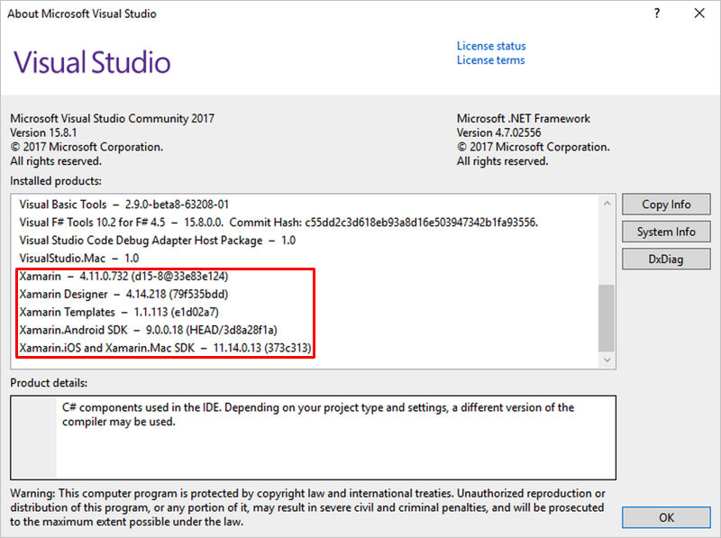 Visual Studio 2019 installed products screen