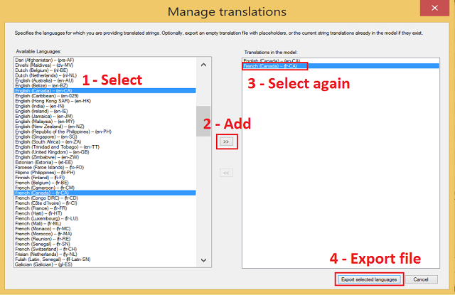 Screenshot of Manage translations dialog box with each of the numbered steps from this section called out.