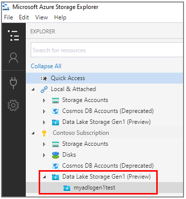 显示 Data Lake Storage Gen1 节点中的示例帐户的屏幕截图