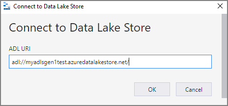 显示“连接到 Data Lake Store”对话框的屏幕截图，其中包含用于输入 URI 的文本框