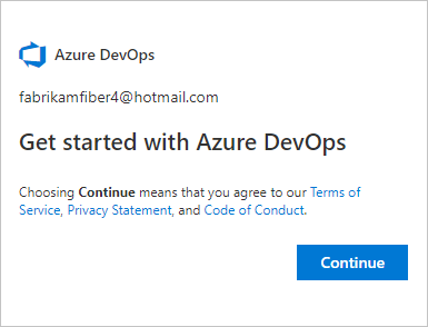选择“继续”以注册 Azure DevOps。