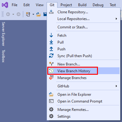 Visual Studio 中的 Git 菜单中“查看分支历史记录”选项的屏幕截图。