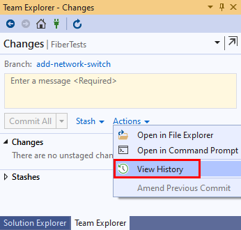 Visual Studio 2019 中团队资源管理器的“更改”视图中“操作”菜单中的“查看历史记录”选项的屏幕截图。