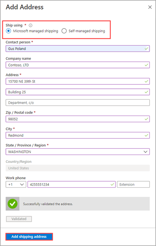 Data Box 订单的“添加地址”屏幕的屏幕截图。调出了“运送使用”选项和“添加送货地址”选项。