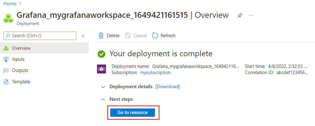 Screenshot of the Azure portal. Message: Your deployment is complete.