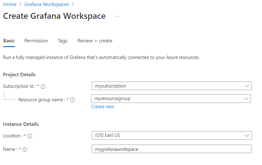 Screenshot of the Azure portal. Create workspace form.