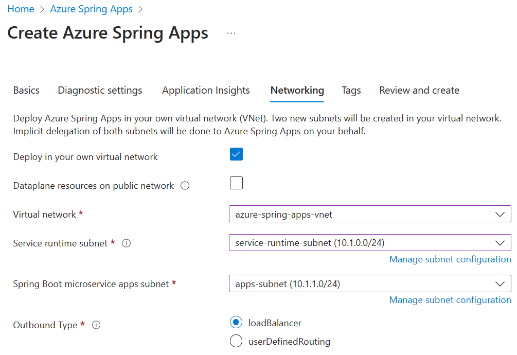 Azure 门户 Azure Spring Apps“创建”页的屏幕截图，其中显示了“网络”选项卡。