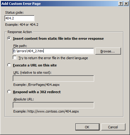 Screenshot of the Add Custom Error Page dialog box, showing the Status code field.