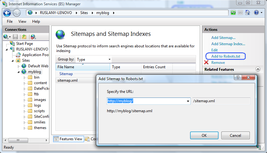 “I S 管理器”窗口的屏幕截图，其中“将 Sitemap 添加到机器人”文本对话框。