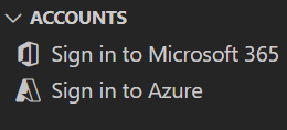 屏幕截图显示 Teams 工具包中用于Visual Studio Code的“帐户”下的“登录到 Microsoft 365 和 Azure”选项。