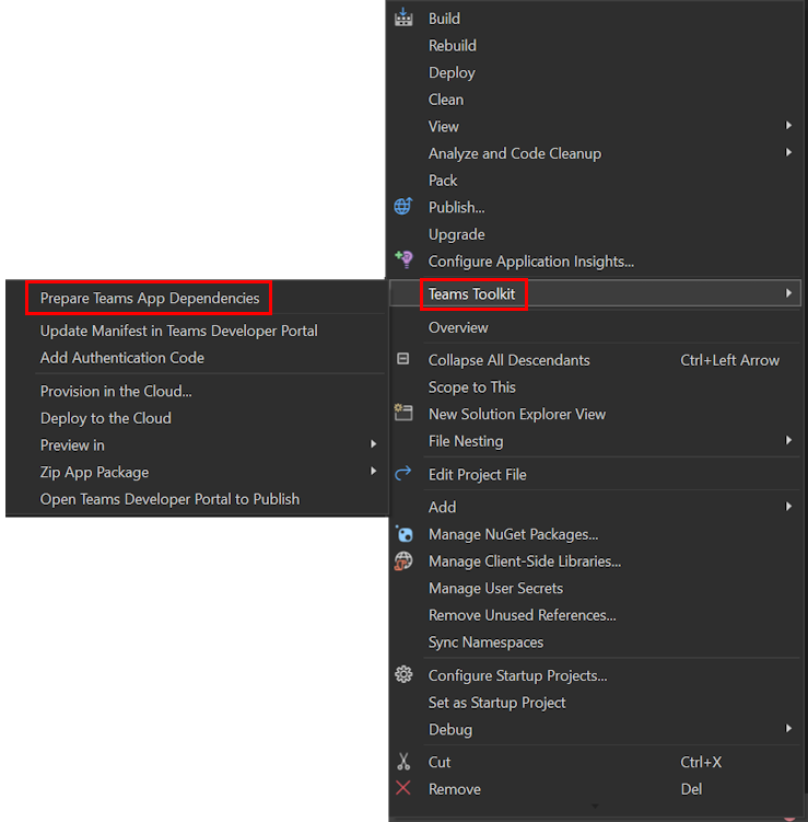 屏幕截图显示 Visual Studio 应用项目中 Teams 工具包下的“准备 Teams 应用依赖项”选项。