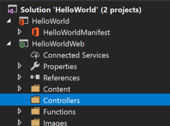 Visual Studio 解决方案资源管理器窗口显示在 HelloWorldWeb 项目中突出显示的 Controllers 文件夹。