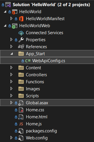 Visual Studio 解决方案资源管理器窗口，其中突出显示了 HelloWorldWeb 项目中的基架文件。
