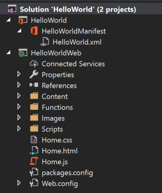 Visual Studio 解决方案资源管理器窗口显示 HelloWorld 解决方案中的 2 个项目：HelloWorld 和 HelloWorldWeb。